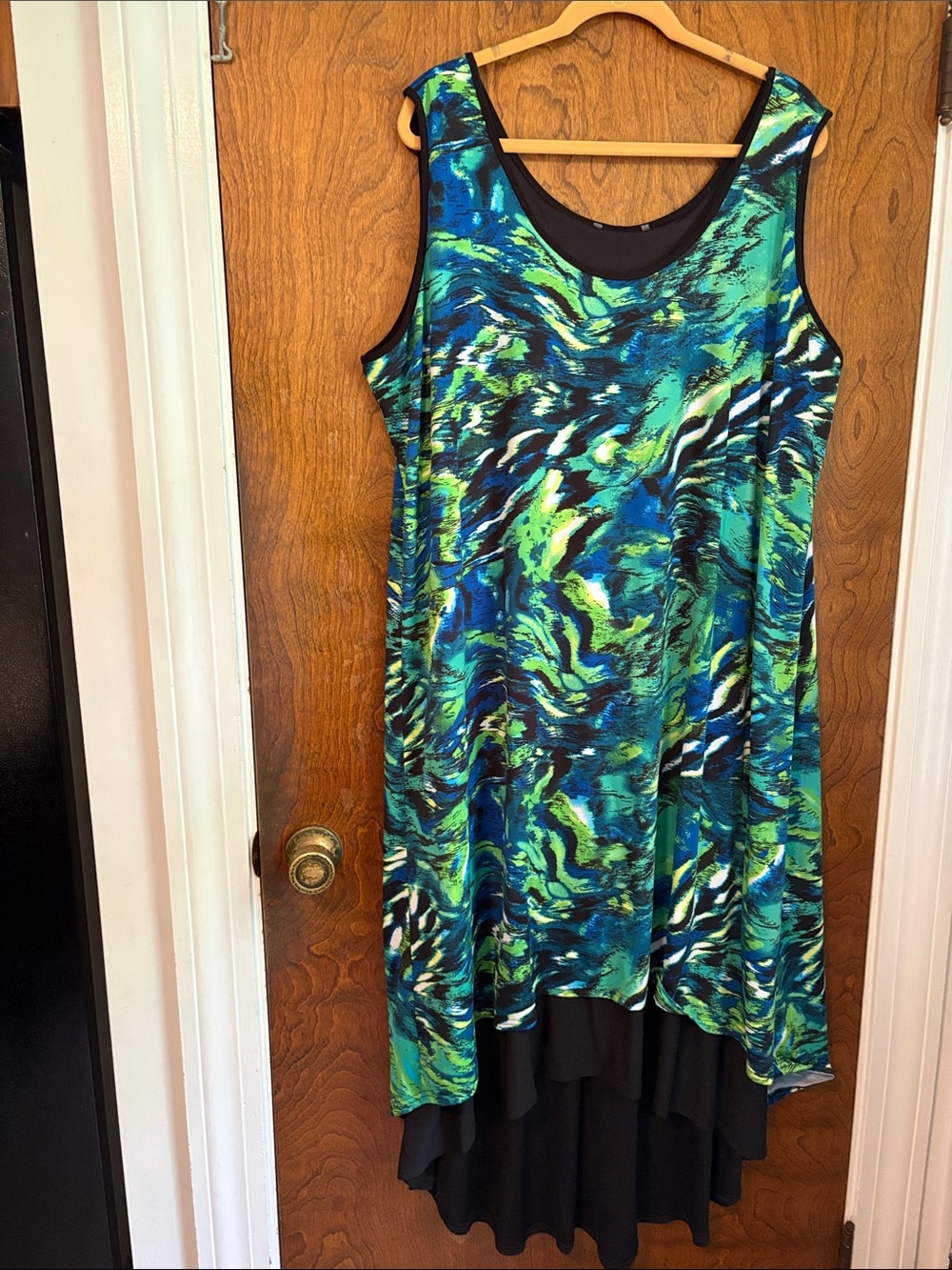 Sleeveless Blue Green Abstract Print Layered Dress